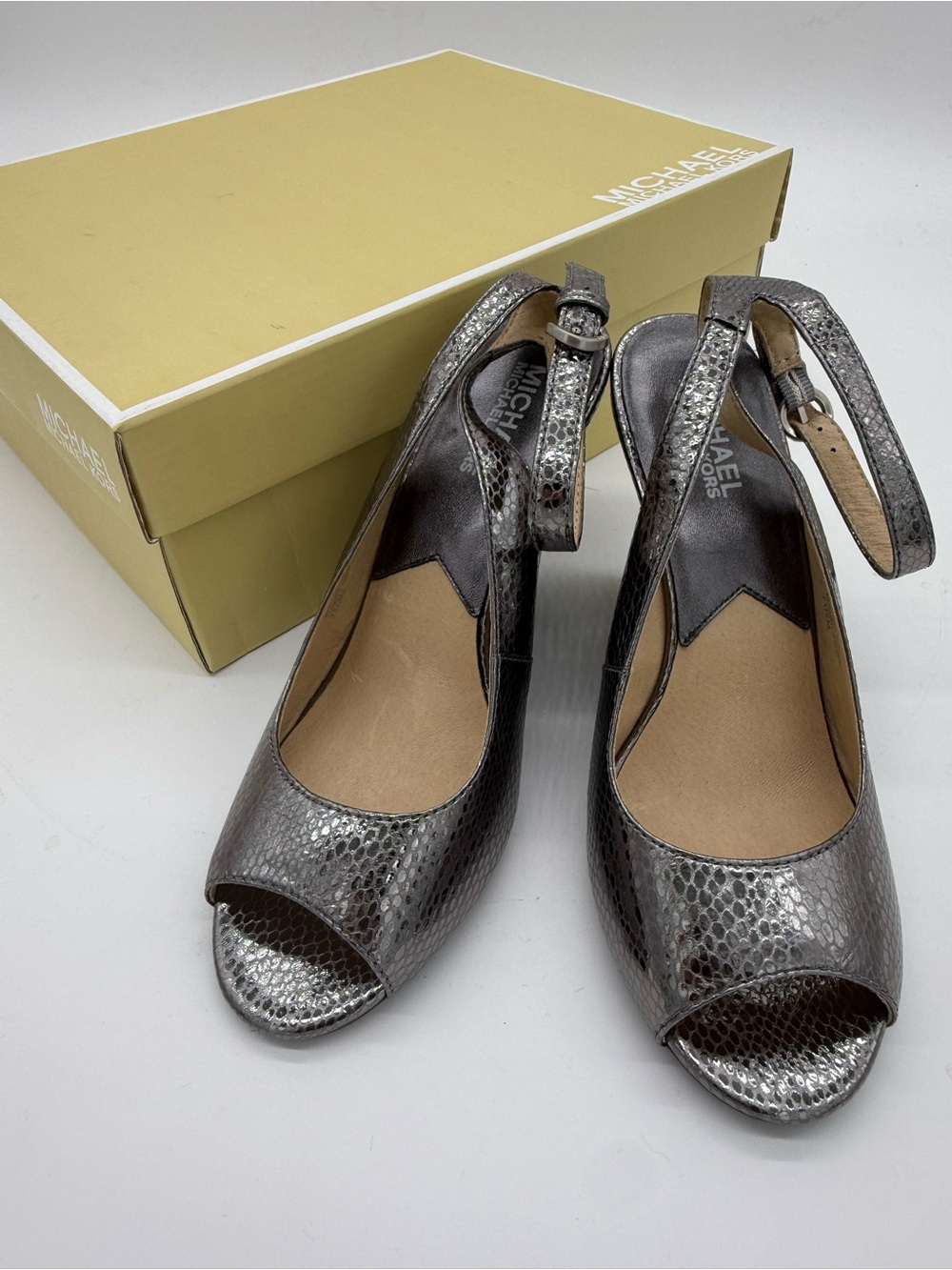 MICHAEL Michael Kors Metallic Silver Snake-Embossed Peep Toe Slingback Heels